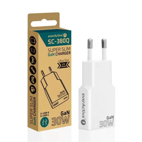 everActive GaN SUPER SLIM SC-380Q sieťová nabíjačka pre telefón / smartfón s USB QC3.0 a USB-C PD 30W portom