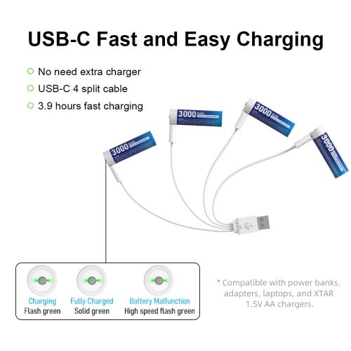 XTAR 4 ks AA 1,5V 3000mAh USB-C nabíjateľné lítiové batérie