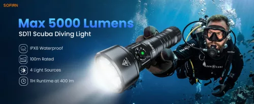 Potápačské svietidlo Sofirn SD11, 5000LM, CRI 90, nabíjateľné vodotesné svietidlo s 660NM červeným svetlom, 3000K-6500K, USB-C, IPX8, s 1/4" závitom, pútkom, pre podvodnú fotografiu, rybolov, prácu vo vode