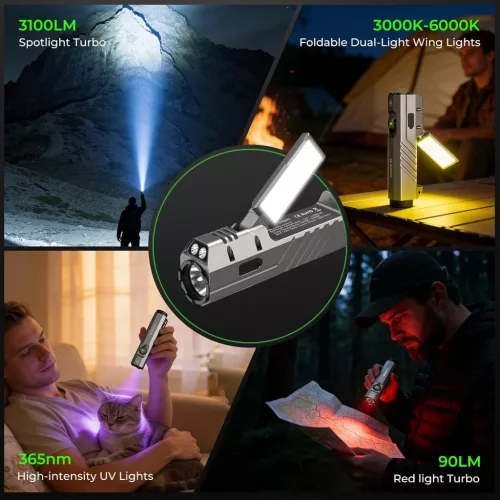 Wurkkos HD05 4-v-1 EDC svetilka – 3100 lm, 335 m, UV, rdeča svetloba, vrtljiva stranska svetilka