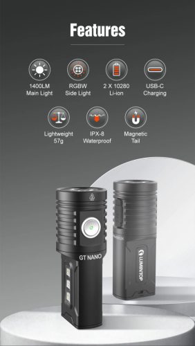 GT Nano 5.0 multifunkčné EDC svietidlo 1400 lúmenov s UV svetlom